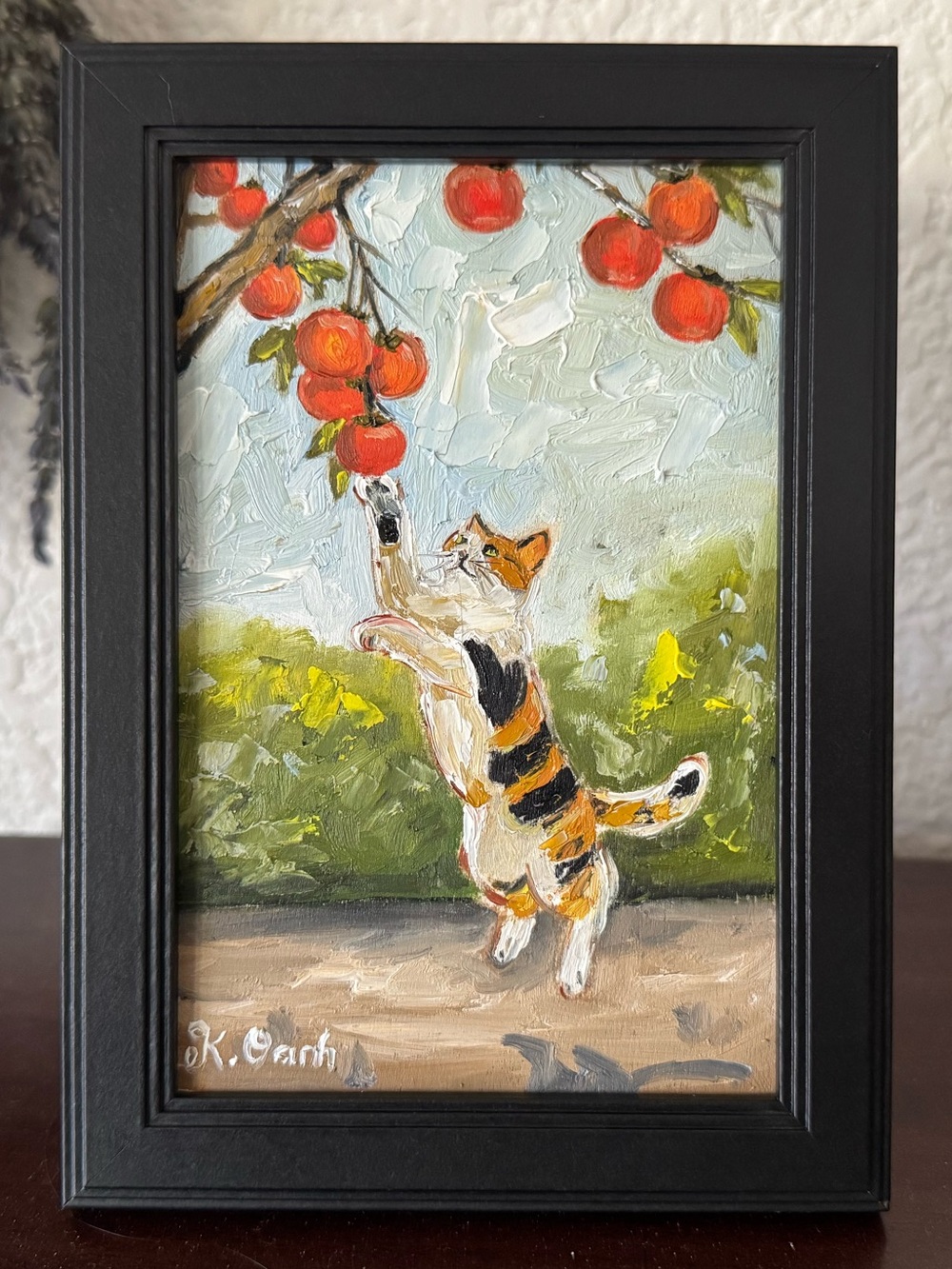 Original oil painting calico cat picking fruits signed framed 4x6 inches